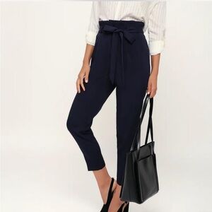 Navy Blue Paperbag Waist Straight Leg Pants trousers